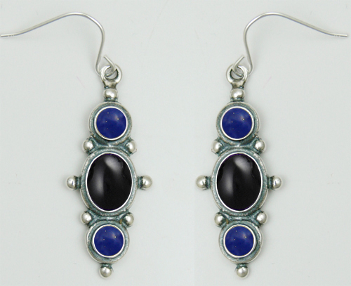 Sterling Silver Drop Dangle Earrings With Black Onyx And Lapis Lazuli